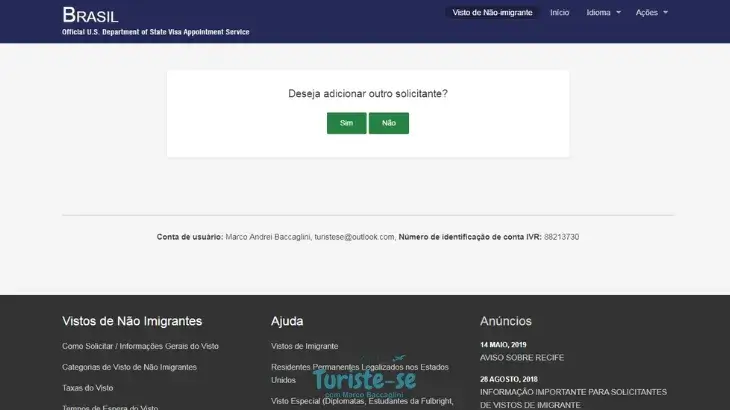 Adicionar outro solicitante Visto Americano -Turiste-se