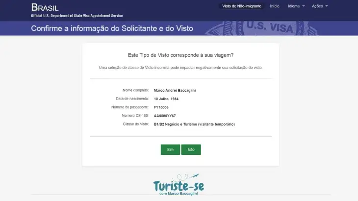 Confirmar inclusão Solicitante Visto Americano - Turiste-se