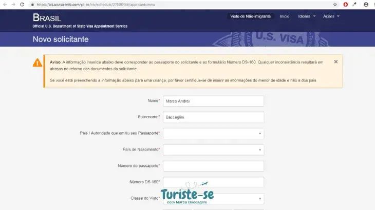 Novo Solicitante Visto Americano -Turiste-se